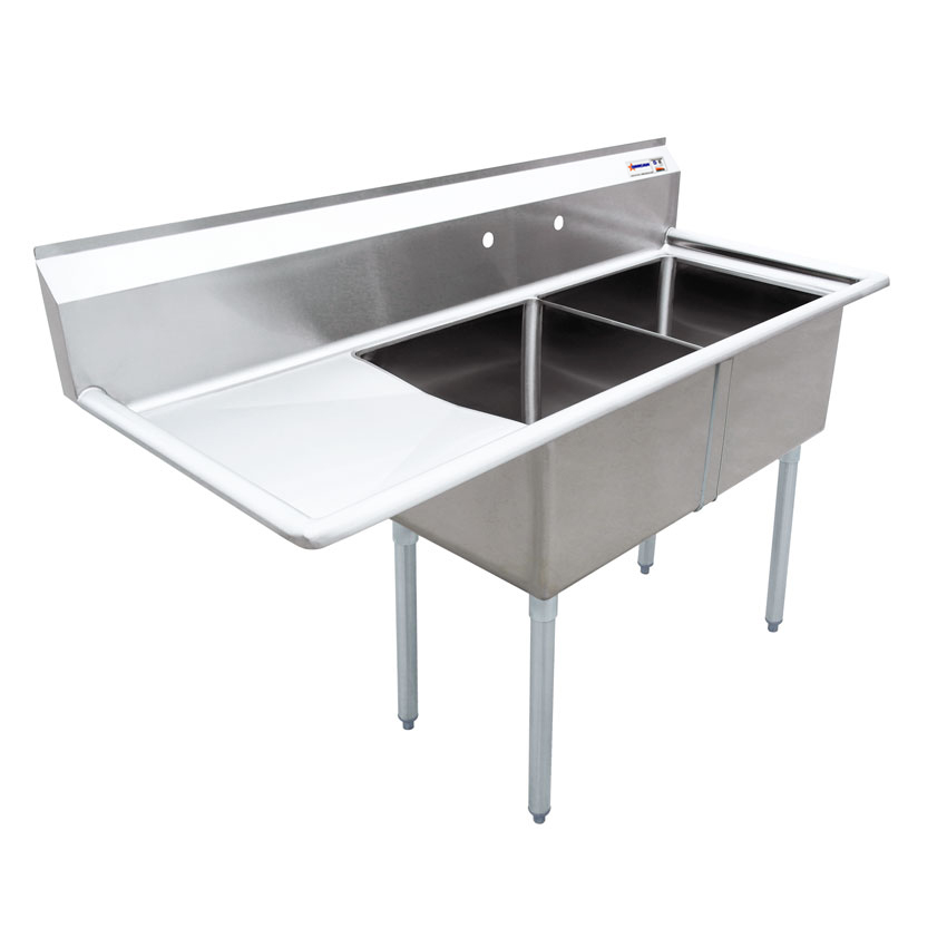 18″ x 21″ x 14″ 18-gauge stainless steel Two Tub Sink with 3.5″ Center Drain and Left Drainboard