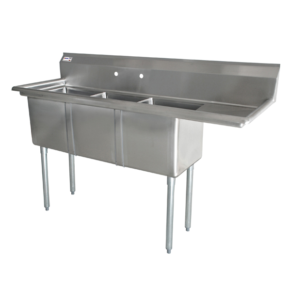 10″ x 14″ x 10″ 18-gauge stainless steel Three Tub Sink with 3.5″ Center Drain and Right Drainboard