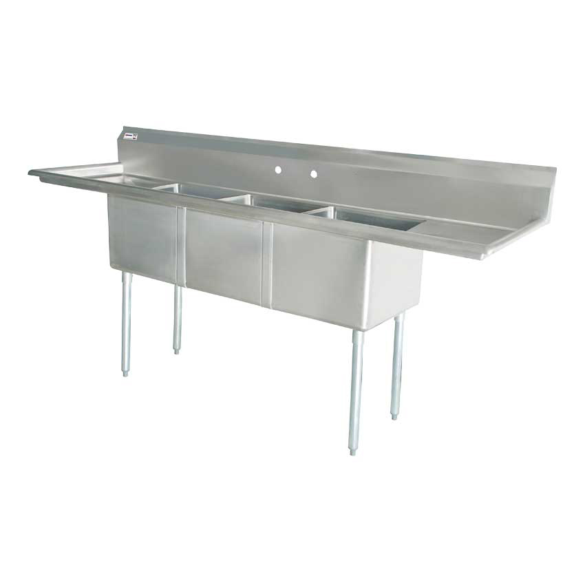18″ x 18″ x 11″ 18-gauge stainless steel Three Tub Sink with Center Drain and Two Drainboards